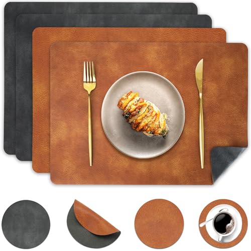 Pixieora Tischsets Abwaschbar und Untersetzer, Tischset Kunstleder Doppelseitigen rutschfest Platzsets in Lederoptik Platzdeckchen Telleruntersetzer (Grau Braun, 4) von Pixieora