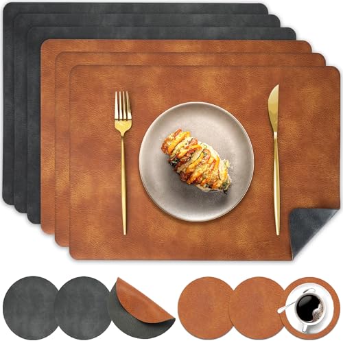 Pixieora Tischsets Abwaschbar und Untersetzer, Tischset Kunstleder Doppelseitigen rutschfest Platzsets in Lederoptik Platzdeckchen Telleruntersetzer (Grau Braun, 6) von Pixieora