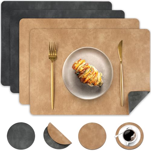 Pixieora Tischsets Abwaschbar und Untersetzer, Tischset Kunstleder Doppelseitigen rutschfest Platzsets in Lederoptik Platzdeckchen Telleruntersetzer (Grau Dunkelbeige, 4) von Pixieora