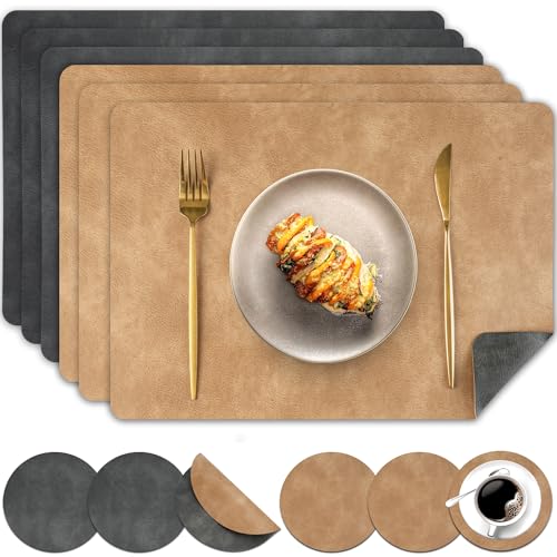 Pixieora Tischsets Abwaschbar und Untersetzer, Tischset Kunstleder Doppelseitigen rutschfest Platzsets in Lederoptik Platzdeckchen Telleruntersetzer (Grau Dunkelbeige, 6) von Pixieora