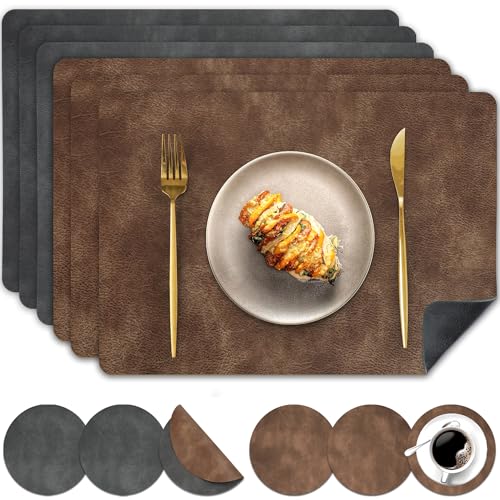 Pixieora Tischsets Abwaschbar und Untersetzer, Tischset Kunstleder Doppelseitigen rutschfest Platzsets in Lederoptik Platzdeckchen Telleruntersetzer (Grau Hellbraun, 6) von Pixieora