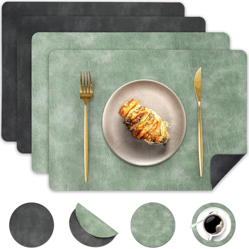 Pixieora Tischsets Abwaschbar und Untersetzer, Tischset Kunstleder Doppelseitigen rutschfest Platzsets in Lederoptik Platzdeckchen Telleruntersetzer (Grau Salbeigrün, 4) von Pixieora