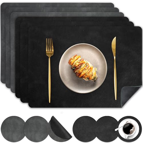 Pixieora Tischsets Abwaschbar und Untersetzer, Tischset Kunstleder Doppelseitigen rutschfest Platzsets in Lederoptik Platzdeckchen Telleruntersetzer (Grau Schwarz, 6) von Pixieora