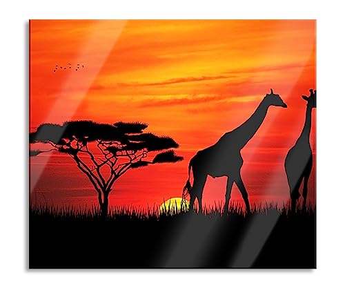 Afrika Giraffen im Sonnenuntergang Herdabdeckplatte & Spritzschutz aus Echtglas | Für Herd-Kochfelder | 60x52 cm von Pixxprint