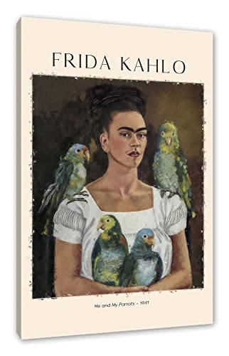 Art Portrait - Frida Kahlo - Ich und meine Papageien als Leinwandbild | Größe: 80x60 cm | Wandbild | Kunstdruck | fertig bespannt von Pixxprint