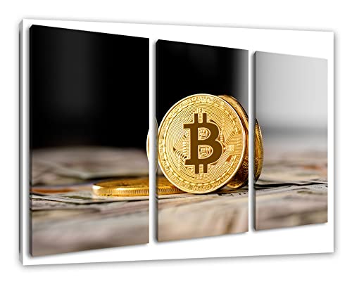 Pixxprint Bitcoins BTC Dollarscheinals Leinwandbild 3 teilig | Größe: 120x80 cm | Wandbild | Kunstdruck | fertig bespannt von Pixxprint