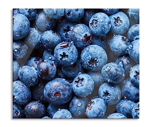 Blaubeeren mit Wassertropfen Herdabdeckplatte & Spritzschutz aus Echtglas | Für Herd-Kochfelder | 60x52 cm von Pixxprint