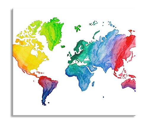 Bunte Weltkarte in Aquarell-Farben Herdabdeckplatte & Spritzschutz aus Echtglas | Für Herd-Kochfelder | 60x52 cm von Pixxprint