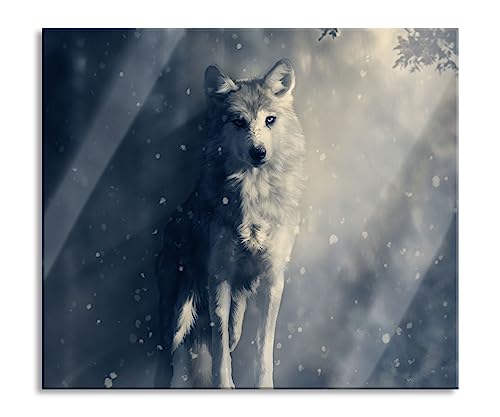 Fantasievoller weißer Wolf auf Lichtung Herdabdeckplatte & Spritzschutz aus Echtglas | Für Herd-Kochfelder | 60x52 cm von Pixxprint