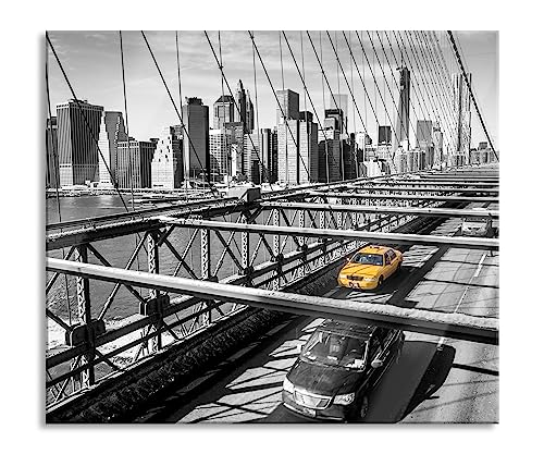 Gelbes Taxi in New York auf Brücke Herdabdeckplatte & Spritzschutz aus Echtglas | Für Herd-Kochfelder | 60x52 cm von Pixxprint