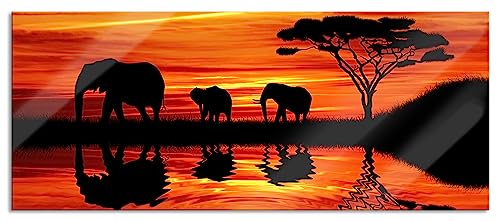 Glasbild Panorama | Wandbild aus Echtglas | Afrika Elefant in Sonnenschein | 120x50 cm | inkl. Aufhängung und Abstandshalter von Pixxprint