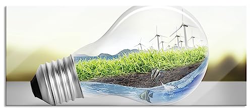 Glasbild Panorama | Wandbild aus Echtglas | Glühbirne Erneuerbare Energien | 100x40 cm | inkl. Aufhängung und Abstandshalter von Pixxprint