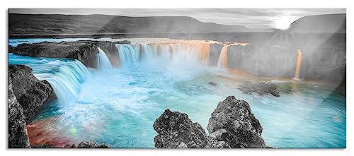 Glasbild Panorama | Wandbild aus Echtglas | Goðafoss bei Sonnenuntergang | 120x50 cm | inkl. Aufhängung und Abstandshalter von Pixxprint