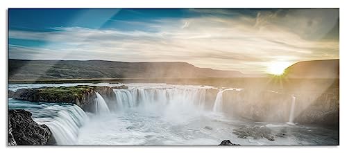 Glasbild Panorama | Wandbild aus Echtglas | Goðafoss bei Sonnenuntergang | 120x50 cm | inkl. Aufhängung und Abstandshalter von Pixxprint