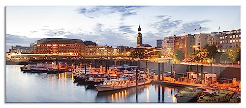 Glasbild Panorama | Wandbild aus Echtglas | Hamburger Hafen am Abend | 120x50 cm | inkl. Aufhängung und Abstandshalter von Pixxprint