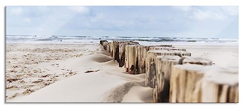 Glasbild Panorama | Wandbild aus Echtglas | Nahaufnahme Steg aus Holzpföcken am Meer | 100x40 cm | inkl. Aufhängung und Abstandshalter von Pixxprint
