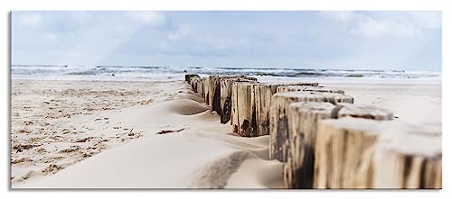 Glasbild Panorama | Wandbild aus Echtglas | Nahaufnahme Steg aus Holzpföcken am Meer | 120x50 cm | inkl. Aufhängung und Abstandshalter von Pixxprint