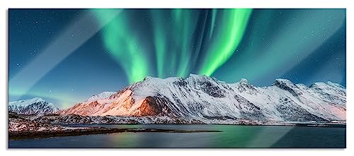 Glasbild Panorama | Wandbild aus Echtglas | Nordlichter über Gletscher in Norwegen | 100x40 cm | inkl. Aufhängung und Abstandshalter von Pixxprint