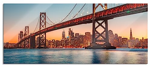 Glasbild Panorama | Wandbild aus Echtglas | Oakland Bay Brücke bei Sonnenuntergang | 120x50 cm | inkl. Aufhängung und Abstandshalter von Pixxprint