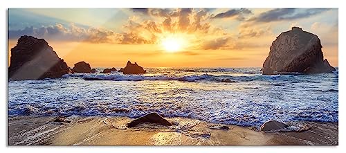 Glasbild Panorama | Wandbild aus Echtglas | Sandstrand mit Felsen im Sonnenuntergang | 100x40 cm | inkl. Aufhängung und Abstandshalter von Pixxprint