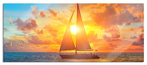 Glasbild Panorama | Wandbild aus Echtglas | Segelboot nahgelegen der Küste | 100x40 cm | inkl. Aufhängung und Abstandshalter von Pixxprint
