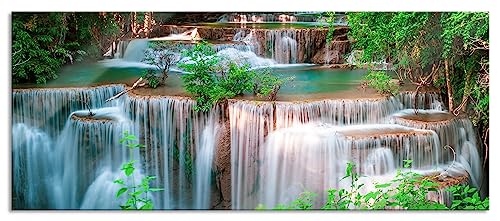 Glasbild Panorama | Wandbild aus Echtglas | Türkise Wasserfälle in Thailand | 120x50 cm | inkl. Aufhängung und Abstandshalter von Pixxprint