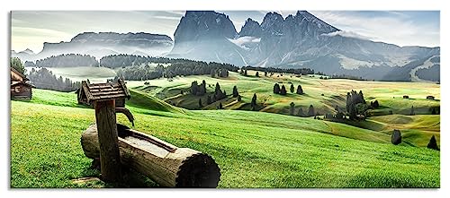 Glasbild Panorama | Wandbild aus Echtglas | Wassertrog auf Wiese in den Dolomiten | 120x50 cm | inkl. Aufhängung und Abstandshalter von Pixxprint