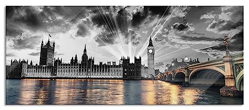 Glasbild Panorama | Wandbild aus Echtglas | Westminster Abbey mit Big Ben | 100x40 cm | inkl. Aufhängung und Abstandshalter von Pixxprint