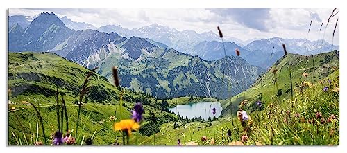 Glasbild Panorama | Wandbild aus Echtglas | Wiesenblumen in den Bergen | 120x50 cm | inkl. Aufhängung und Abstandshalter von Pixxprint