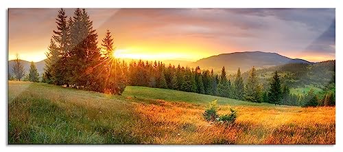 Glasbild Panorama | Wandbild aus Echtglas | Wiesenlandschaft bei Sonnenuntergang | 120x50 cm | inkl. Aufhängung und Abstandshalter von Pixxprint