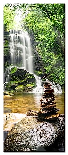 Glasbild Panorama | Wandbild aus Echtglas | Zen Steine vor Wasserfall | 100x40 cm | inkl. Aufhängung und Abstandshalter von Pixxprint