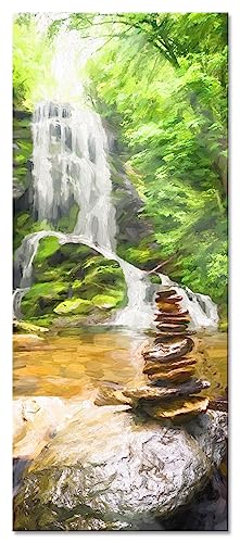 Glasbild Panorama | Wandbild aus Echtglas | Zen Steine vor Wasserfall Kunst | 100x40 cm | inkl. Aufhängung und Abstandshalter von Pixxprint