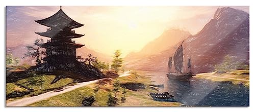 Glasbild Panorama | Wandbild aus Echtglas | asiatischer Tempel an Fluss | 120x50 cm | inkl. Aufhängung und Abstandshalter von Pixxprint