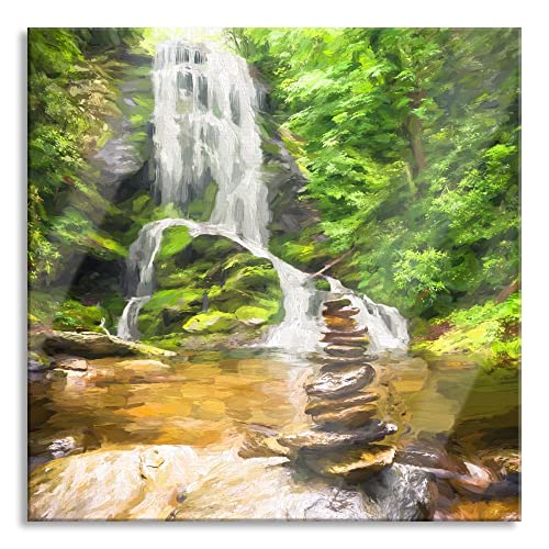 Glasbild | Wandbild auf Echtglas | Zen Steine vor Wasserfall Kunst | 40x40 cm | inkl. Aufhängung und Abstandshalter von Pixxprint