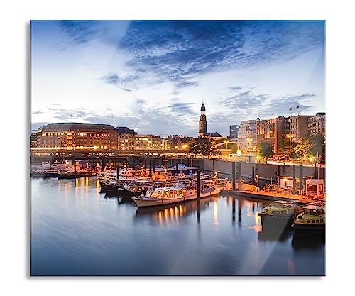 Hamburger Hafen am Abend Herdabdeckplatte & Spritzschutz aus Echtglas | Für Herd-Kochfelder | 60x52 cm von Pixxprint