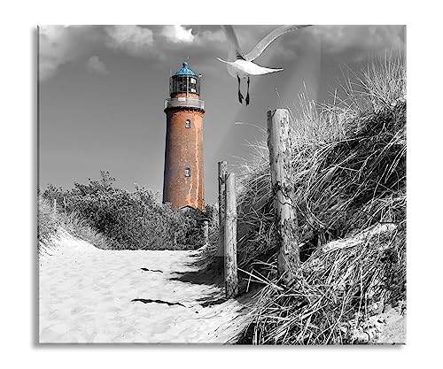 Leuchtturm mit Möwe an Strandweg Herdabdeckplatte & Spritzschutz aus Echtglas | Für Herd-Kochfelder | 60x52 cm von Pixxprint