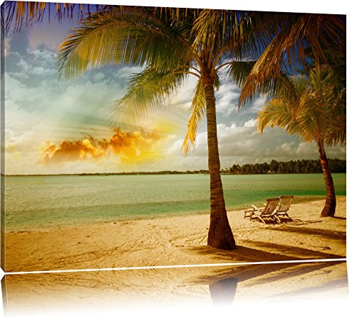Liegestühle am Strand Urlaub Format: 120x80 auf Leinwand, XXL riesige Bilder fertig gerahmt mit Keilrahmen, Kunstdruck auf Wandbild mit Rahmen, günstiger als Gemälde oder Ölbild, kein Poster oder Plakat von Pixxprint