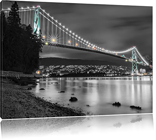 Lions Gate Bridge in Vancouver schwarz/weiß Format: 100x70 auf Leinwand, XXL riesige Bilder fertig gerahmt mit Keilrahmen, Kunstdruck auf Wandbild mit Rahmen, günstiger als Gemälde oder Ölbild, kein Poster oder Plakat von Pixxprint