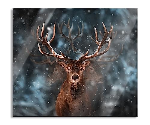 Machtvoller Hirsch im Winterwald Herdabdeckplatte & Spritzschutz aus Echtglas | Für Herd-Kochfelder | 60x52 cm von Pixxprint