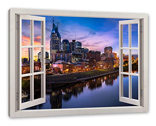 Nashville Skyline Panorama, Fenster Leinwandbild | Größe: 80x60 cm | Wandbild | Kunstdruck von Pixxprint