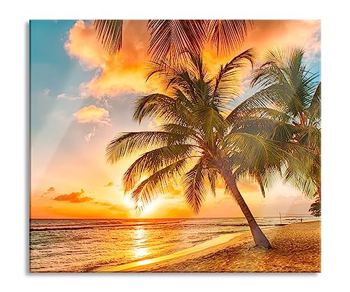 Palmen im Sonnenuntergang auf Barbados Herdabdeckplatte & Spritzschutz aus Echtglas | Für Herd-Kochfelder | 60x52 cm von Pixxprint