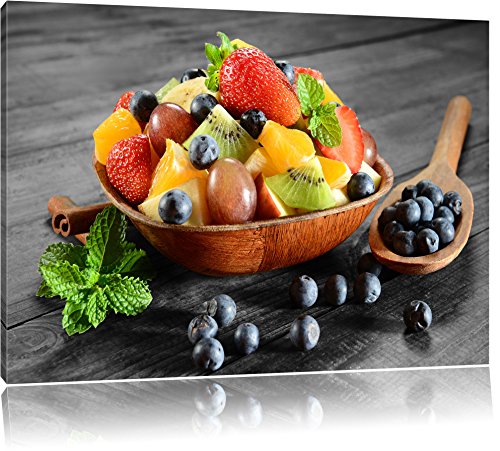 Pixxprint Obst in Holzschale, Größe: 60x40cm, Leinwandbild, fertig gespannt, Wandbild, Dekoration, Kunstdruck, kein Poster von Pixxprint