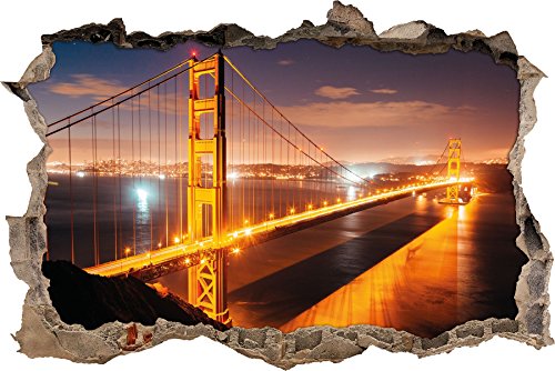 Pixxprint 3D_WD_1999_62x42 Golden Gate Bridge bei Nacht Wanddurchbruch 3D Wandtattoo, Vinyl, bunt, 62 x 42 x 0,02 cm von Pixxprint