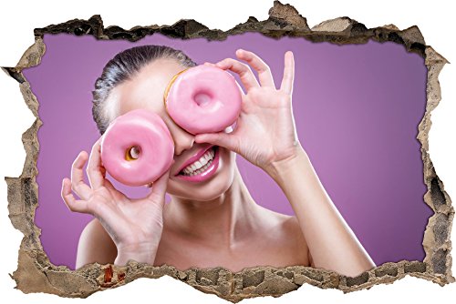 Pixxprint 3D_WD_2453_92x62 Lustige Frau mit rosanen Donuts Wanddurchbruch 3D Wandtattoo, Vinyl, bunt, 92 x 62 x 0,02 cm von Pixxprint