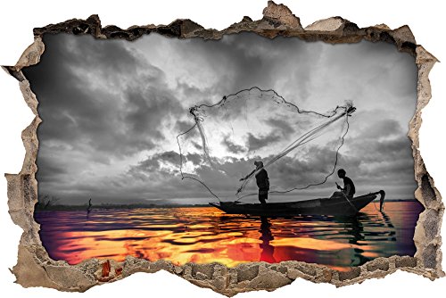 Pixxprint 3D_WD_4979_62x42 Angler angeln mit großem Fangnetz auf See Wanddurchbruch 3D Wandtattoo, Vinyl, schwarz / weiß, 62 x 42 x 0,02 cm von Pixxprint