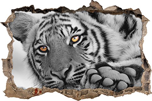 Pixxprint 3D_WD_5095_92x62 entspannter Tiger Wanddurchbruch 3D Wandtattoo, Vinyl, schwarz / weiß, 92 x 62 x 0,02 cm von Pixxprint