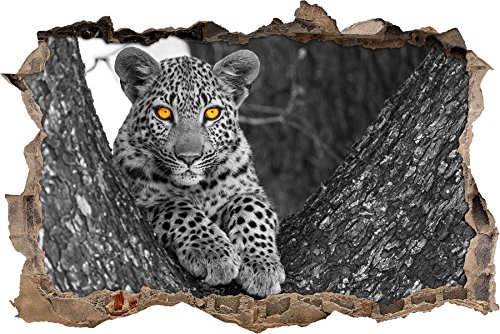 Pixxprint 3D_WD_5104_62x42 aufmerksames Leopardenjunges auf Baum Wanddurchbruch 3D Wandtattoo, Vinyl, schwarz / weiß, 62 x 42 x 0,02 cm von Pixxprint
