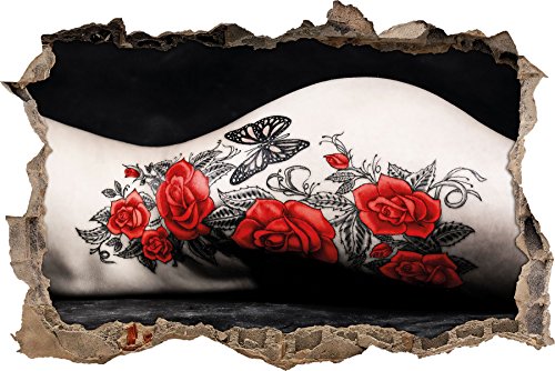 Pixxprint 3D_WD_5341_62x42 rotes Rosen Tattoo mit Schmetterling Wanddurchbruch 3D Wandtattoo, Vinyl, schwarz / weiß, 62 x 42 x 0,02 cm von Pixxprint
