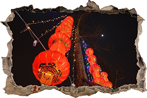 Pixxprint 3D_WD_S1059_62x42 rote chinesische Lampions Wanddurchbruch 3D Wandtattoo, Vinyl, bunt, 62 x 42 x 0,02 cm von Pixxprint