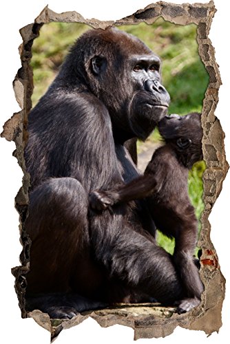 Pixxprint 3D_WD_S1114_62x42 Kuss zwischen Gorilla-Baby und -Mutter Wanddurchbruch 3D Wandtattoo, Vinyl, bunt, 62 x 42 x 0,02 cm von Pixxprint